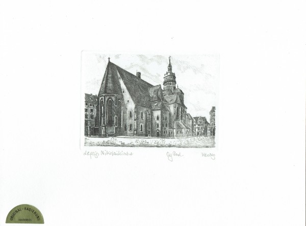 Original Radierung Nikolaikirche Leipzig (schwarz-weiß)