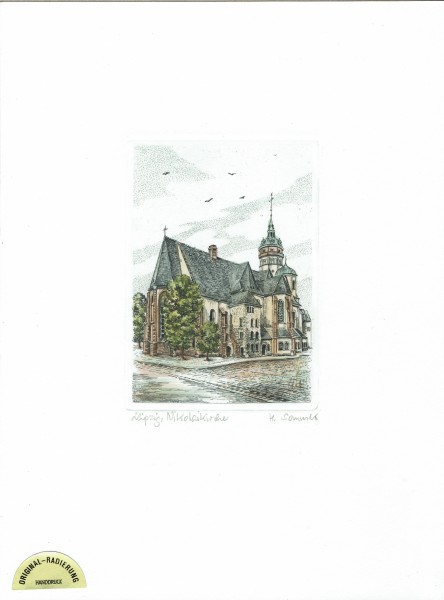 Original Radierung Nikolaikirche Leipzig (farbig)
