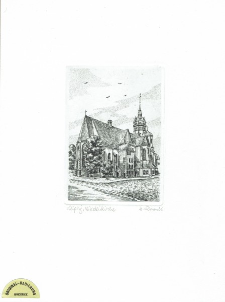 Original Radierung Nikolaikirche Leipzig (schwarz-weiß)